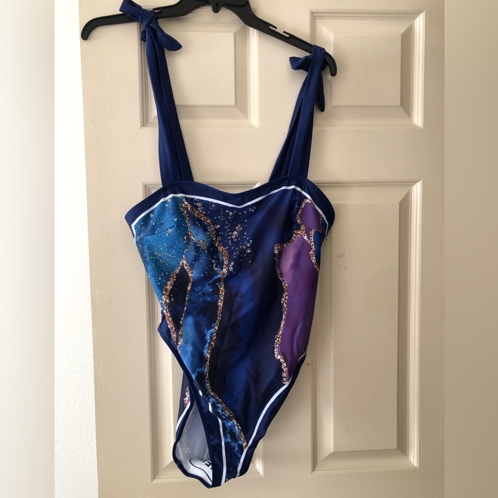 Navy Blue and Purple One-Piece Swim Suit